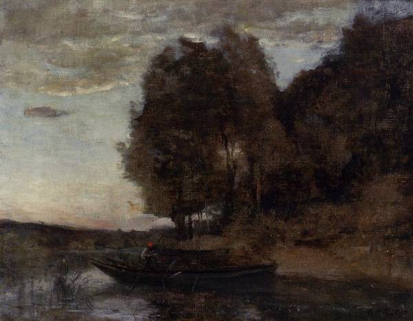 Corot Fisherman Boating along a Wooded Landscape